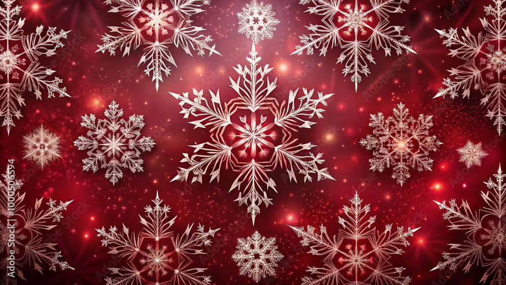 Title: Intricate silver snowflakes on red background, festive Christmas pattern with glowing details