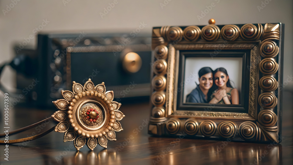 Obraz premium 3D Tika and Rakhi Frame Design - Festive Modern A-Frame with Copy Space, Glowing Elements, Intricate Details, Isolated on White Background