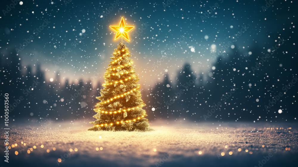 Beautifully illuminated Christmas tree, glowing with festive decorations, stands in snowy outdoors on a winter night, creating merry holiday atmosphere perfect for capturing the spirit of season. Beautifully illuminated Christmas tree, glowing with festive decorations, stands in snowy outdoors on a winter night, creating merry holiday atmosphere perfect for capturing the spirit of season.