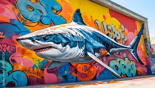 vibrant giant shark graffiti mural on urban street wall photo