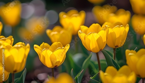 Whimsical Garden Close-Up of Wild Yellow Tulips Bathed in Spring Bokeh Light Conveying Cheerful Outdoor Beauty