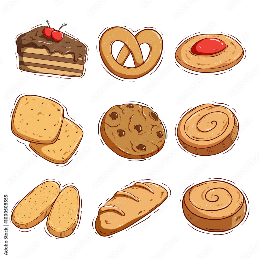 set of cookies or bakery product with cute doodle style set of cookies or bakery product with cute doodle style