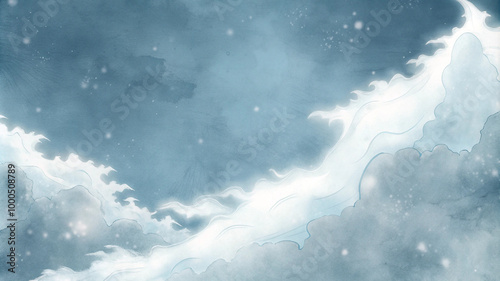 Cloudy watercolor sky in shades of blue and white.