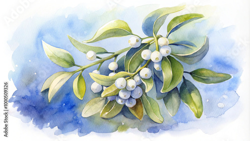 Watercolor mistletoe branch on blue background.