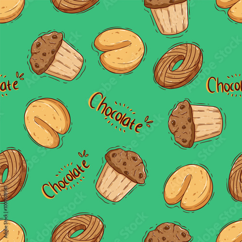 cute doodle bakery or snack food in seamless pattern 