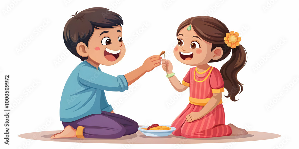 Flat Vector Illustration of Joyful Sister Applying Tika to Brother - Candid Scene with Close-Up Expressions Captured in a Spontaneous Moment of Laughter Flat Vector Illustration of Joyful Sister Applying Tika to Brother - Candid Scene with Close-Up Expressions Captured in a Spontaneous Moment of Laughter
