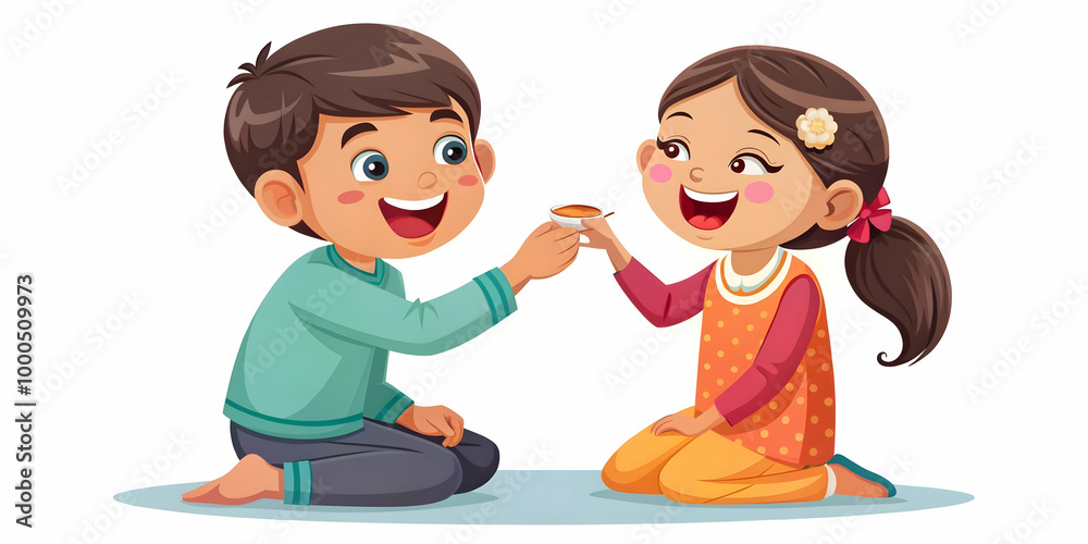 Flat Vector Illustration: Joyful Sister Applying Tika to Brother - Candid Scene, Close-Up Expressions, Spontaneous Laughter, Smart Business Style Flat Vector Illustration: Joyful Sister Applying Tika to Brother - Candid Scene, Close-Up Expressions, Spontaneous Laughter, Smart Business Style