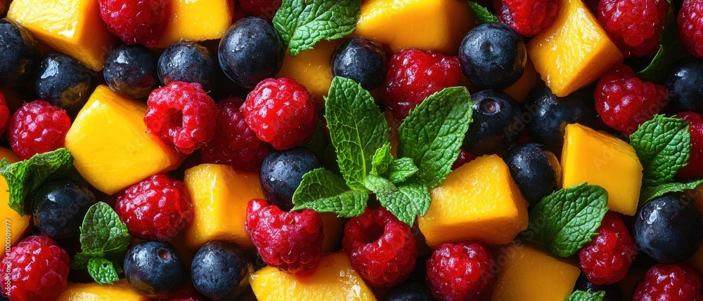 Obraz premium Fresh Fruit Assortment with Raspberries Pineapple Mint