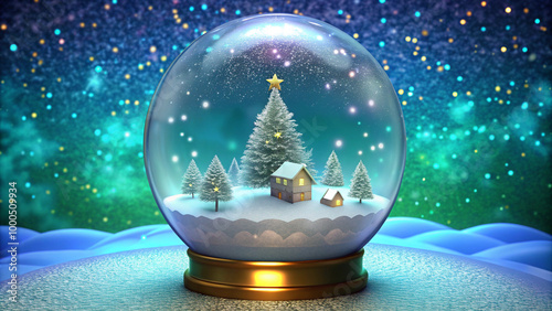 Title: Christmas snow globe with festive tree and house, magical winter scene