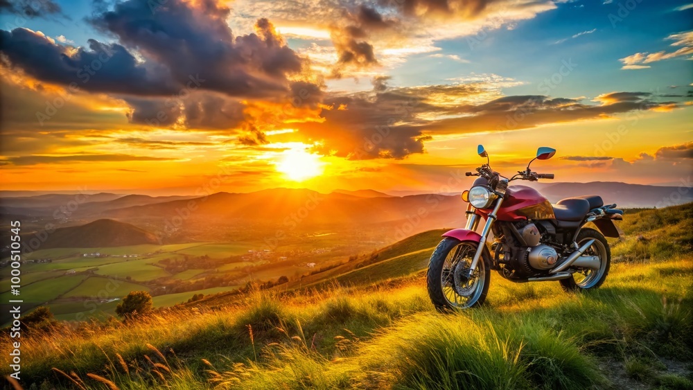 Scenic View of a Motorcycle on a Hilltop Overlooking a Breathtaking Landscape at Sunset Scenic View of a Motorcycle on a Hilltop Overlooking a Breathtaking Landscape at Sunset