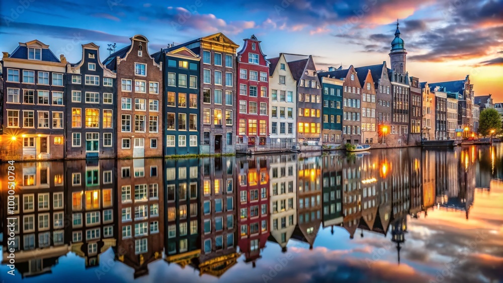 Fototapeta premium Scenic View of Damrak Canal with Historic Buildings and Reflections in Amsterdam, Netherlands