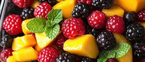 Vibrant Fresh Fruit Assortment with Berries, Mango, Pineapple & Mint in Clear Container