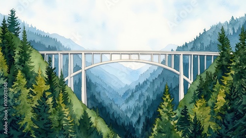 Watercolor a majestic bridge spanning a lush green valley surrounded by mountains under a soft blue sky.