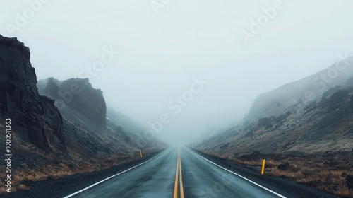 A misty road stretching into the distance, flanked by rocky cliffs, creating an atmospheric and tranquil scene. photo