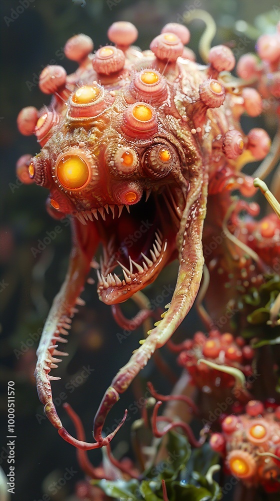 Fototapeta premium Glowing Eyes and Sharp Teeth: A Nightmarish Creature