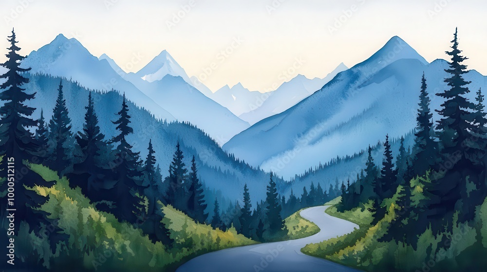 Watercolor A serene mountain landscape with winding road, lush greenery, and towering trees under a soft blue sky. Watercolor A serene mountain landscape with winding road, lush greenery, and towering trees under a soft blue sky.