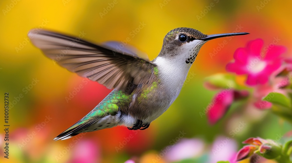 Vibrant Hummingbird in Flight Above Colorful Flower Garden. Vibrant Hummingbird in Flight Above Colorful Flower Garden.