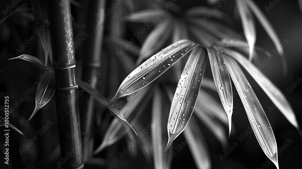 Black and White Bamboo Leaves with Water Drops Black and White Bamboo Leaves with Water Drops