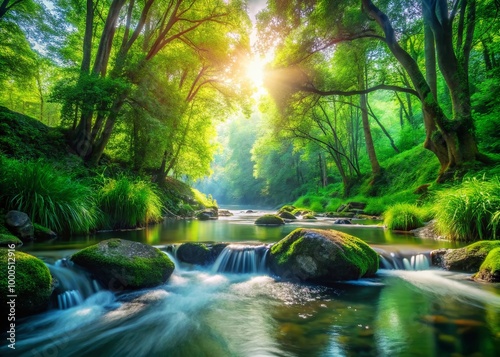 Serene Animated Nature Background with Lush Greenery, Gentle Flowing Water and Soft Ambient Light