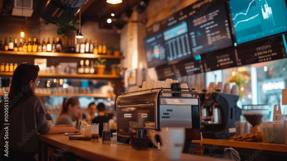 custom made wallpaper toronto digitalA welcoming coffee shop scene featuring a barista at the counter, a modern espresso machine, and large digital menu boards. Warm ambient lighting creates a cozy atmosphere.