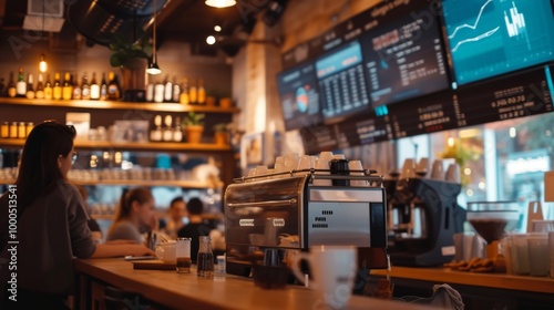 Wallpaper Mural A welcoming coffee shop scene featuring a barista at the counter, a modern espresso machine, and large digital menu boards. Warm ambient lighting creates a cozy atmosphere. Torontodigital.ca