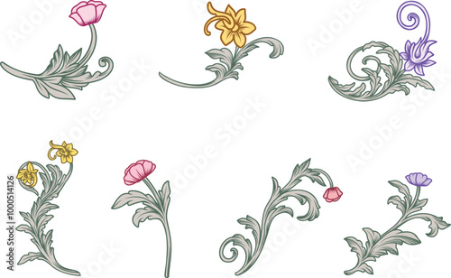 Set vintage floral flower victorian baroque filigree scroll elegant engraved ornamental, Decorative botanical element vector illustration