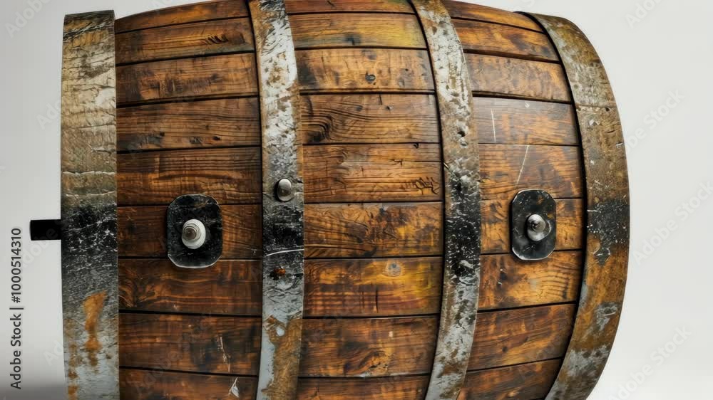 A wooden barrel with metal bands sits against a plain white background A wooden barrel with metal bands sits against a plain white background