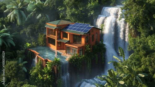 A modern solar-powered house sits dramatically on a cliff overlooking a waterfall, surrounded by lush tropical rainforest. The eco-friendly design blends seamlessly with nature, offering a stunning