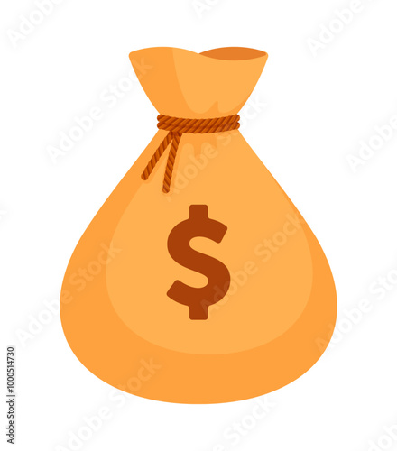 Beige money bag with a dollar sign and brown rope tie. Economy, finance, wealth, investment, savings, profit, income, budget, banking concept. Flat vector illustration isolated on a white background