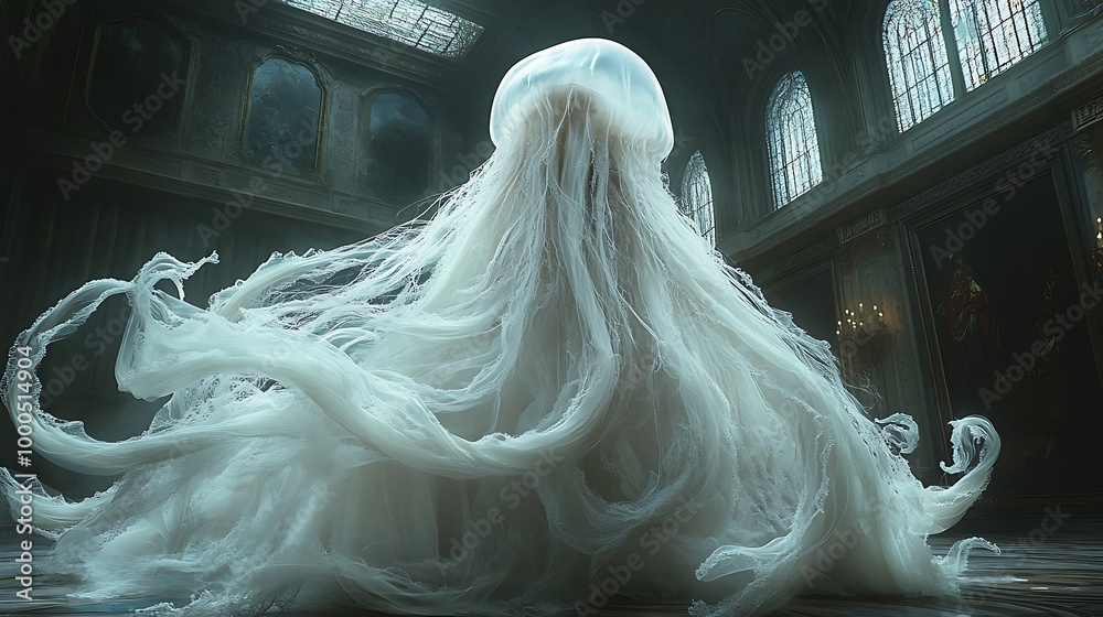 A large, translucent jellyfish with long, flowing tentacles stands in a grand, ornate hall with high ceilings, arched windows and marble floors. A large, translucent jellyfish with long, flowing tentacles stands in a grand, ornate hall with high ceilings, arched windows and marble floors.