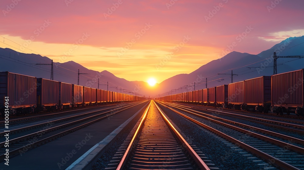 Empty cargo train waiting at a closed station near a trade border, sun setting behind the mountains, panoramic view Empty cargo train waiting at a closed station near a trade border, sun setting behind the mountains, panoramic view