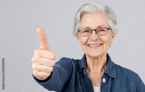 Elderly Woman in Glasses Giving a Confident Thumbs Up