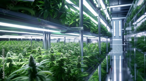 Hydroponic cannabis plants on multi-tier racks under bright grow lights in an indoor cultivation facility.