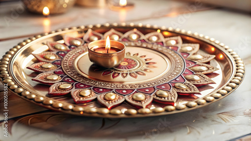 Futuristic Macro Shot of Intricate Bhai Dooj Tika Plate Design - Vibrant Flat Vector Illustration with Modern and Traditional Fusion