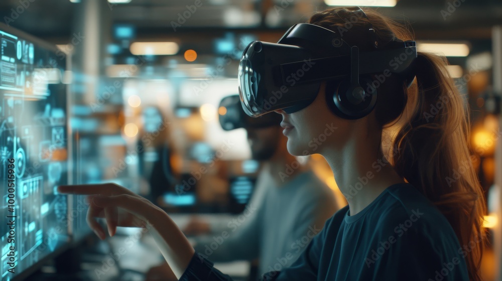 A young woman wearing a VR headset interacts with a digital interface in a high-tech workspace. The scene showcases cutting-edge technology, innovation, and focus in a modern, digital environment. A young woman wearing a VR headset interacts with a digital interface in a high-tech workspace. The scene showcases cutting-edge technology, innovation, and focus in a modern, digital environment.