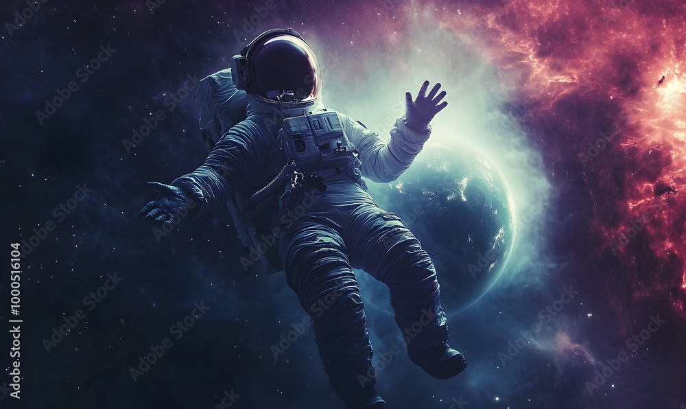 graphics of space, planets, and astronauts on a white background.
