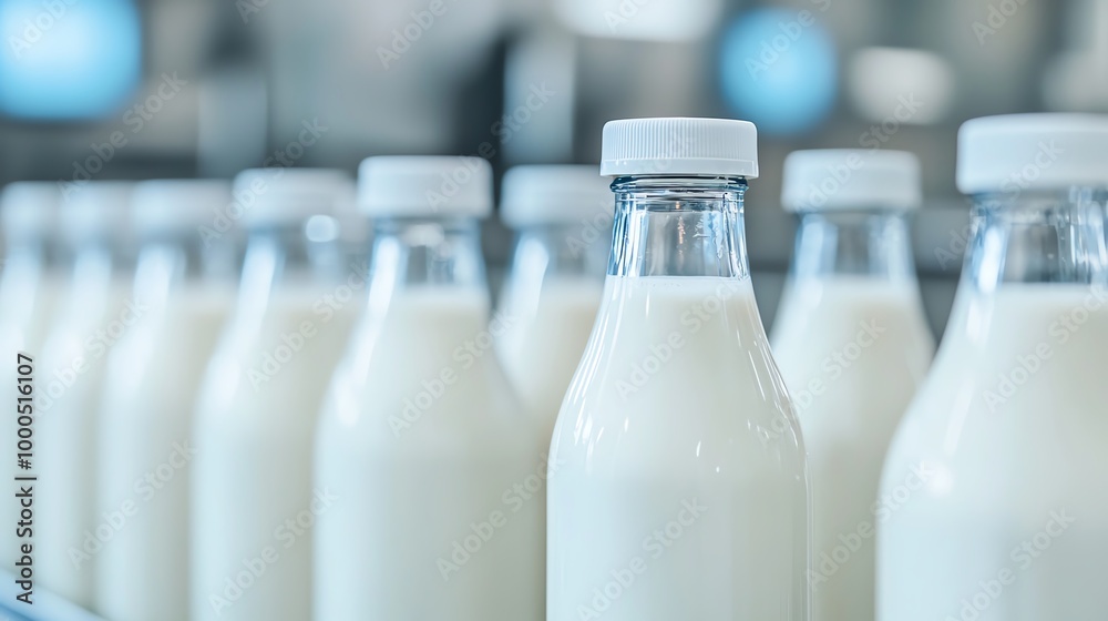 A row of glass bottles filled with fresh milk, showcasing purity and quality in a modern dairy processing environment. A row of glass bottles filled with fresh milk, showcasing purity and quality in a modern dairy processing environment.