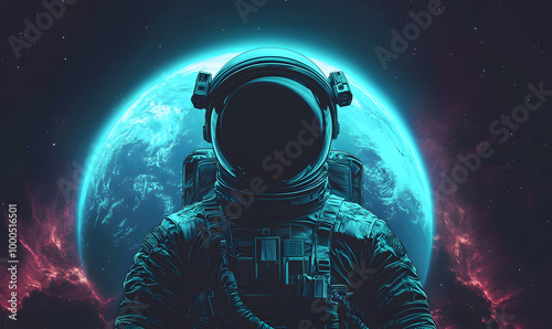 graphics of space, planets, and astronauts on a white background.