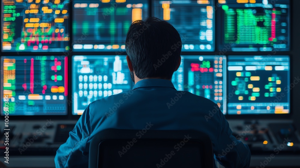 Engineer inside turbine control room, screens glowing, dim ambient light, eyelevel view Engineer inside turbine control room, screens glowing, dim ambient light, eyelevel view