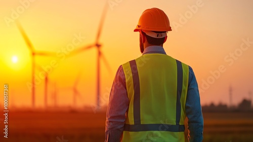 Engineer walking away from turbine, dusk, fading light, soft focus on background