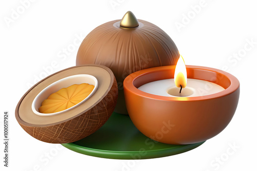 Floating Diya and Coconut for Bhai Dooj: A Modern Festive Concept with Glowing Elements on White Background - Stock Photo photo