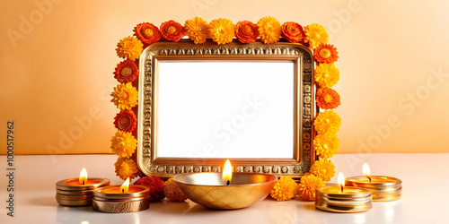 Modern Floating Diya and Bhai Dooj Coin Frame with Copy Space | Festive Decor Photo Stock Concept - Glowing Elements and Slow Pan Focus photo