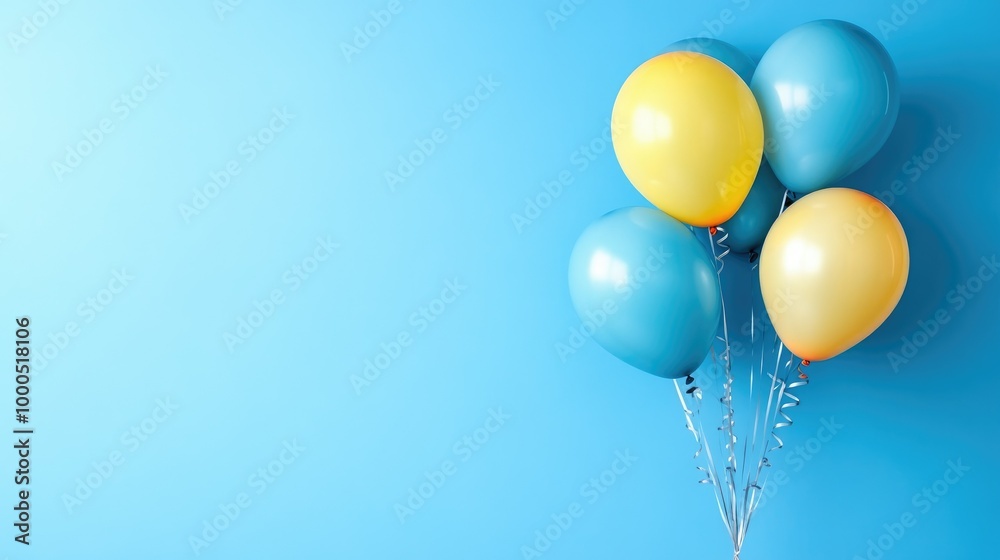 Festive balloons on blue blank background with copy space area Festive balloons on blue blank background with copy space area