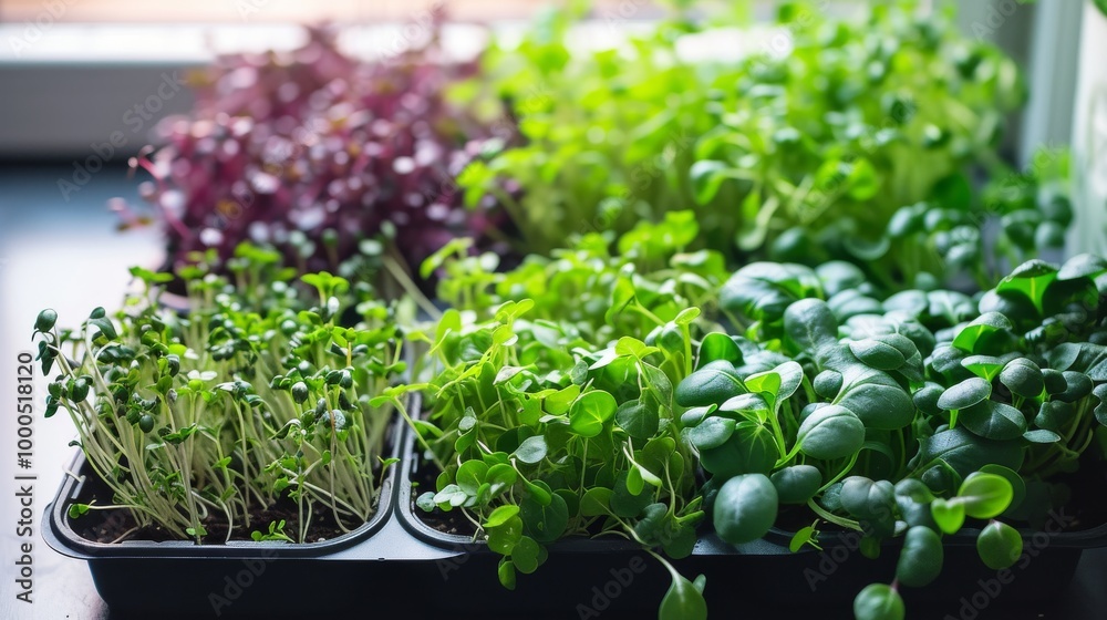 A variety of microgreens, including purple and green varieties, grow in trays indoors. The lush, vibrant greens are highlighted in natural light, showing the freshness and health benefits of homegrown A variety of microgreens, including purple and green varieties, grow in trays indoors. The lush, vibrant greens are highlighted in natural light, showing the freshness and health benefits of homegrown