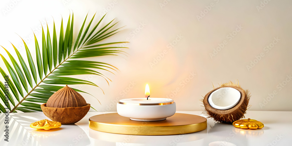 Modern Podium Setup with Floating Diya and Coconut on Opposite Ends, Clean Minimalist Design with Abundant Copy Space for Elegant Photo Stock Concept Modern Podium Setup with Floating Diya and Coconut on Opposite Ends, Clean Minimalist Design with Abundant Copy Space for Elegant Photo Stock Concept
