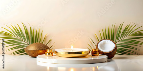 Modern Podium Setup: Floating Diya and Coconut with Spacious Copy Space - Minimalist Design with Glowing Diya for Warmth in Photo Stock Concept photo