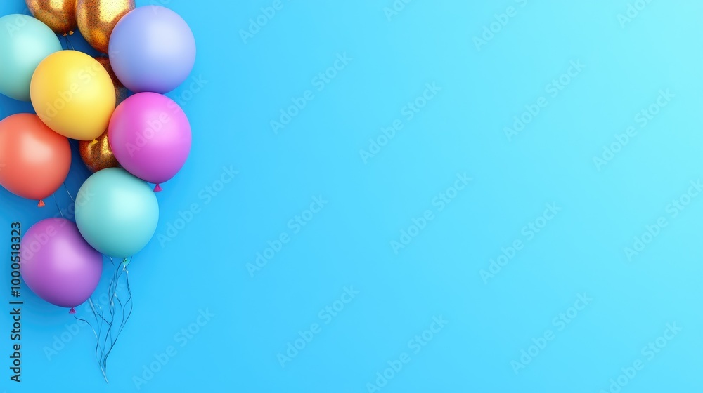 Festive balloons on blue blank background with copy space area Festive balloons on blue blank background with copy space area