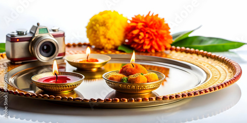 Floating Diya and Tika Plate Concept: Spiritual Celebration with Glowing Flame in Air - Stunning Stock Photo for Bhai Dooj Festivity photo