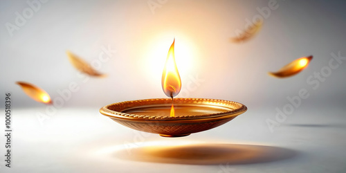 Graceful Floating Diya with Glowing Light for Bhai Dooj Celebration - Traditional Diya Symbolizing Love and Bonding in Mid-Air with Soft Glow on White Background photo