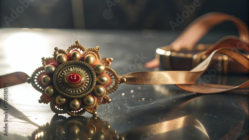 Floating Rakhi with Graceful Ribbon Concept: Ethereal Rakhi Tied to Airborne Ribbon, Captured in Soft Glow Against White Background - Perfect for Artistic Photo Stock photo